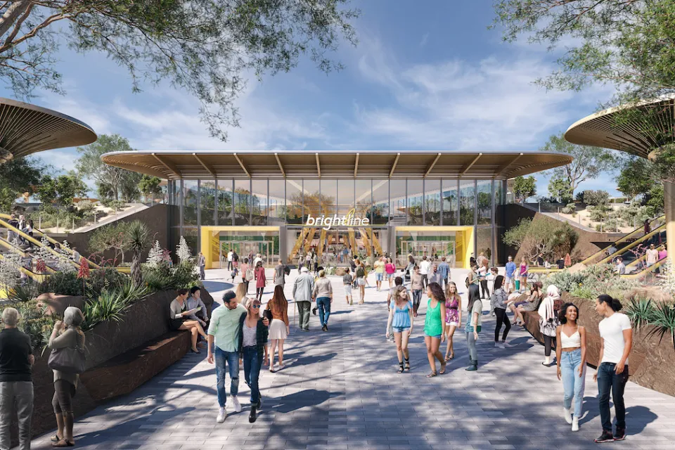 Rendering of Brightline West high-speed rail station in Las Vegas, Nevada.